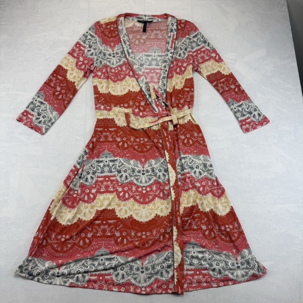 BCBG Maxazria Wrap Dress M Coral Lace Print Midi Tie Waist 3/4 Sleeve